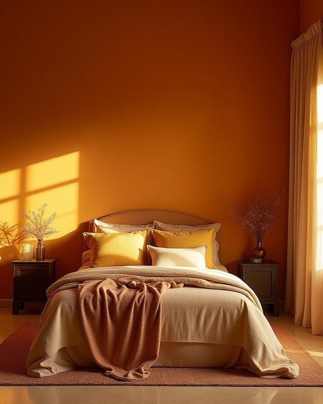 Villa på Bygdøy - soverom med varm krydderpalett og tekstiler i jordtoner